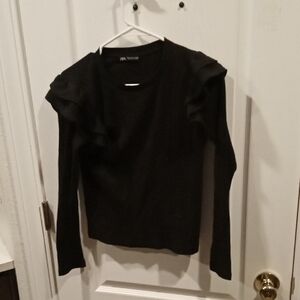 Black Ruffled Shoulder Long Sleeve Top NWOT